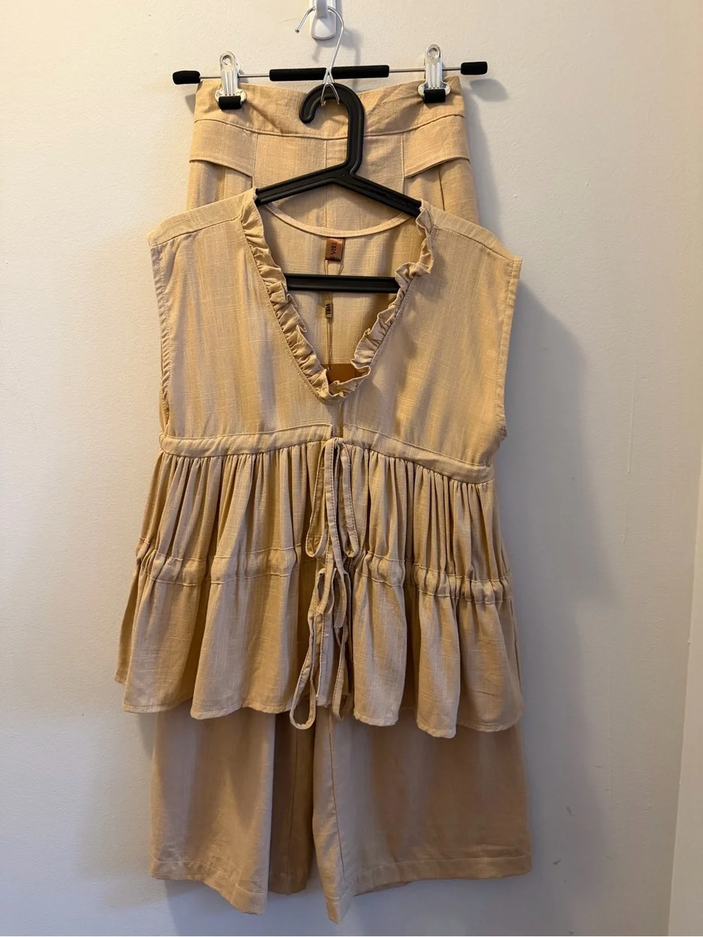 Cotton Linen Top with Ruffle Tie Waist and Straight Pants Set - Taupe - Picture 2 of 5